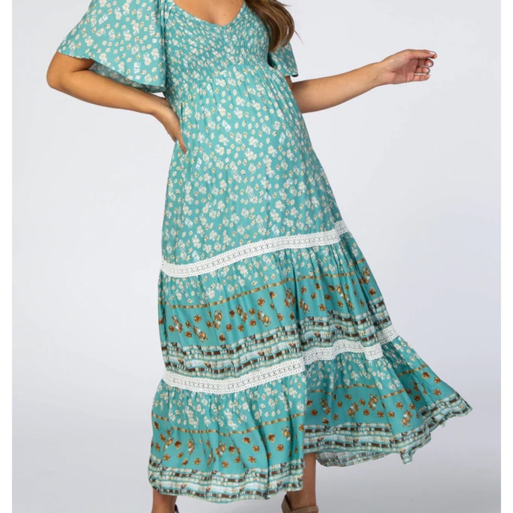 Pinkblush Blue/green Printed Smocked Maternity Midi Dress